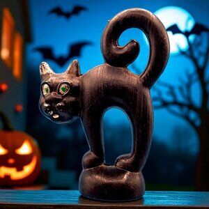 Halloween Scaredy Cat BLOW MOLD Figurine Hong Kong Black Cat Candy Container v1